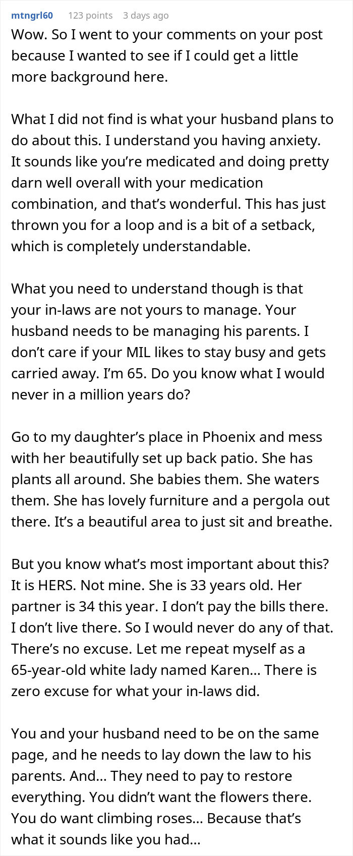 Commenter discussing anxiety and in-laws&rsquo; interference after woman&rsquo;s garden was landscaped without permission.