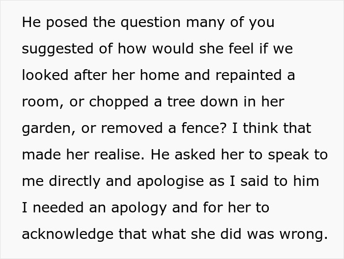 Text excerpt about a woman needing an apology after her MIL landscaped her garden without permission.