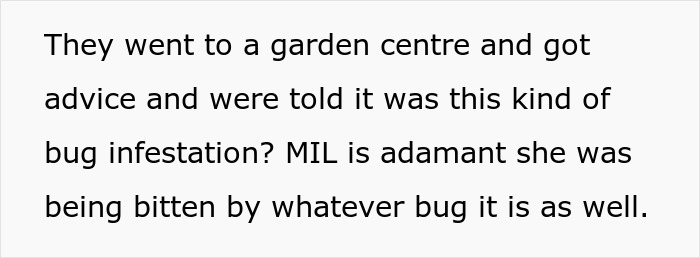 Text excerpt discussing garden bug infestation and MIL&rsquo;s firm belief about being bitten, related to landscaping disputes.