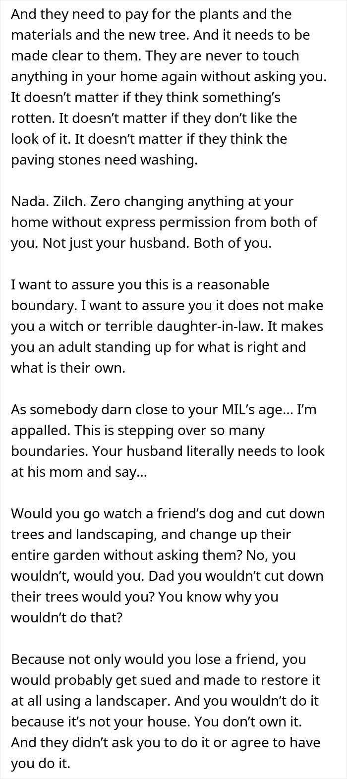 Text excerpt discussing boundaries and conflicts after a woman returns from vacation to find MIL landscaped her garden without permission.