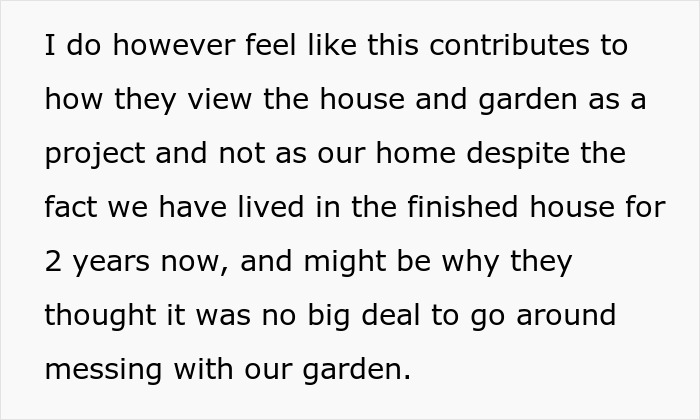 Text excerpt about a woman&rsquo;s garden being landscaped without permission by her mother-in-law while she was on vacation.