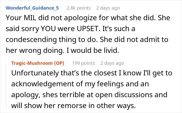 Text conversation about a mother-in-law not apologizing for landscaping garden without permission after vacation.