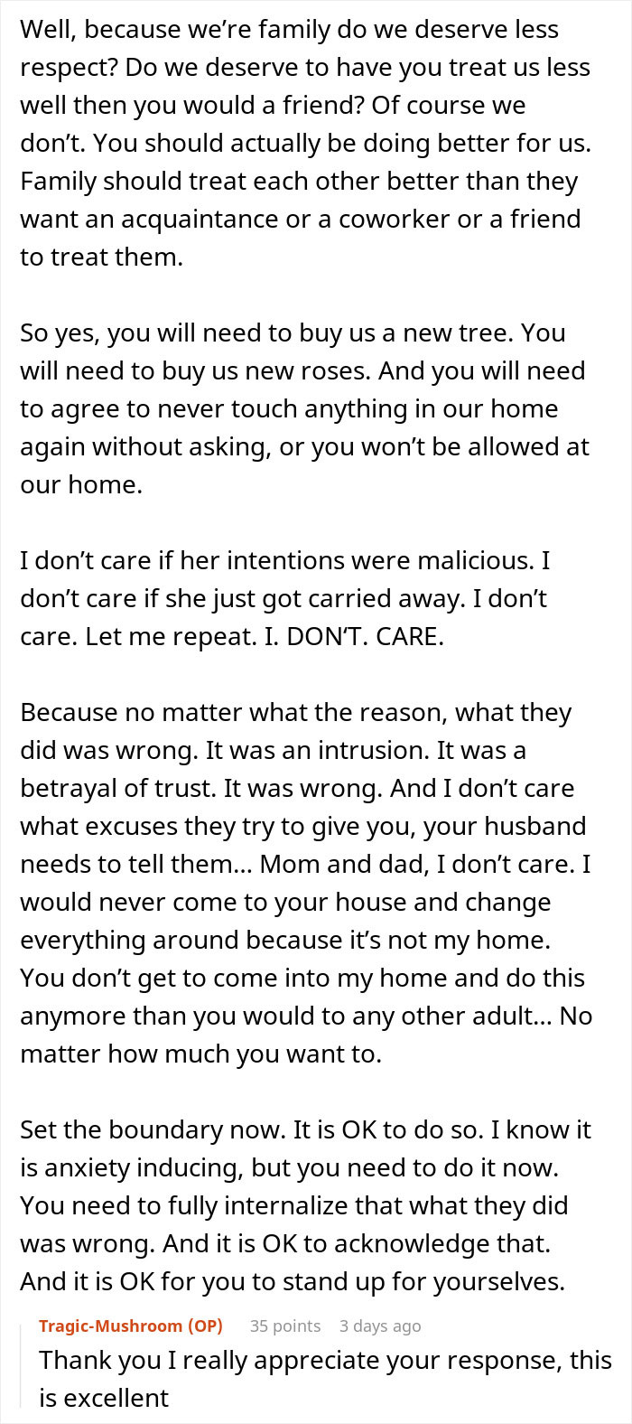 Text post discussing the woman returning from vacation to find MIL landscaped her garden without permission.