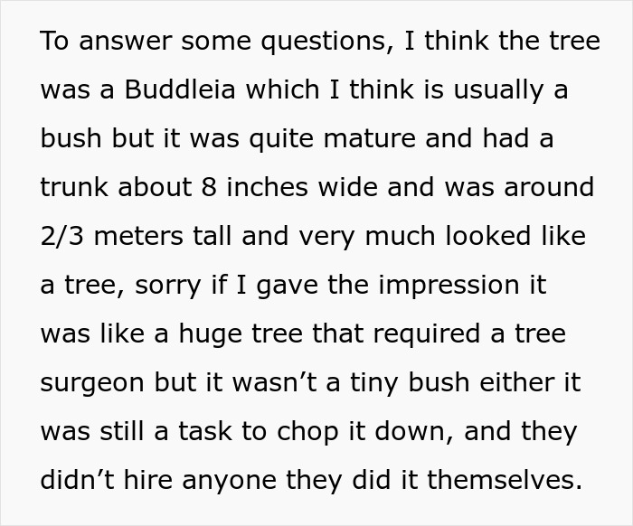 Woman returns from vacation to find MIL landscaped her garden without permission, showing a large chopped-down tree.