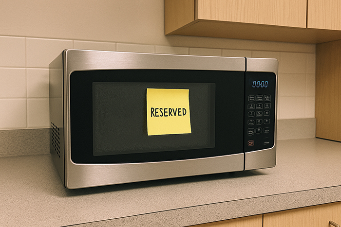 Microwave with reserved sign on counter, showing coworker reserve microwave for dietary needs in office kitchen.