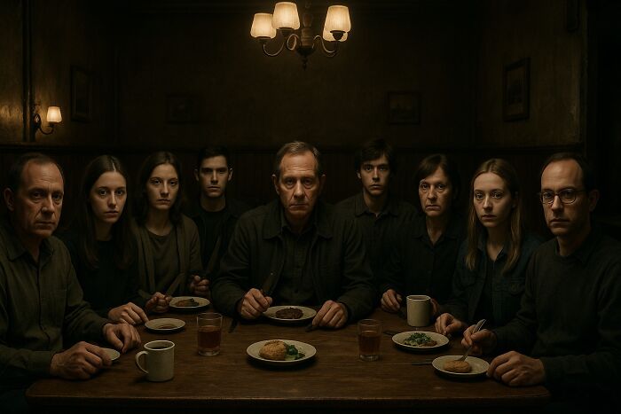 Group of serious people sitting at a dark wooden table with dim lighting, evoking creepy and chilling spots in the U.S. atmosphere.