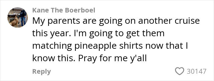Social media comment about cruise passenger&rsquo;s reaction to the x-rated meaning behind a pineapple shirt.