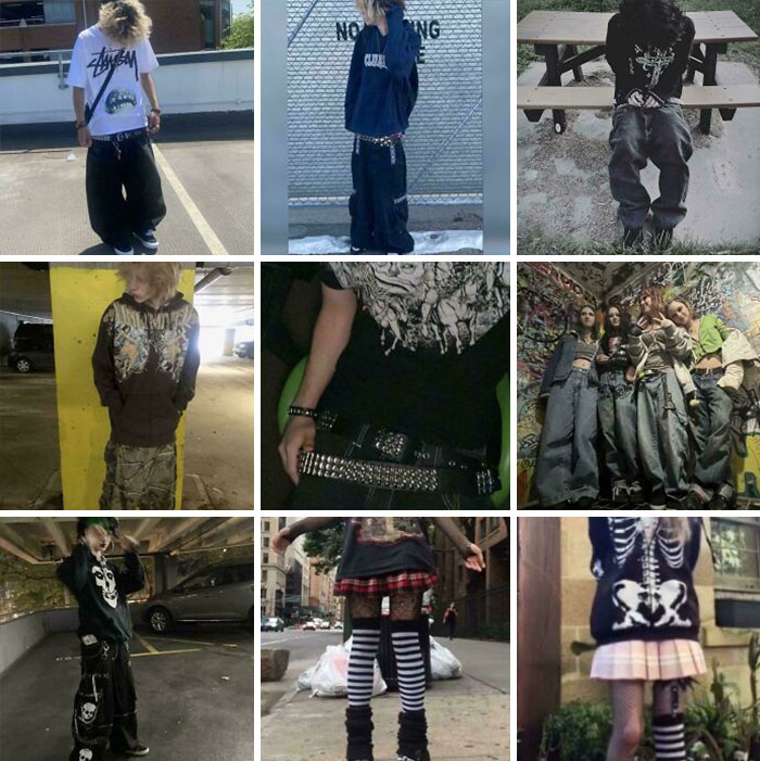 Collage of people wearing alternative streetwear, showcasing how fashion and style have changed through the years online trends.