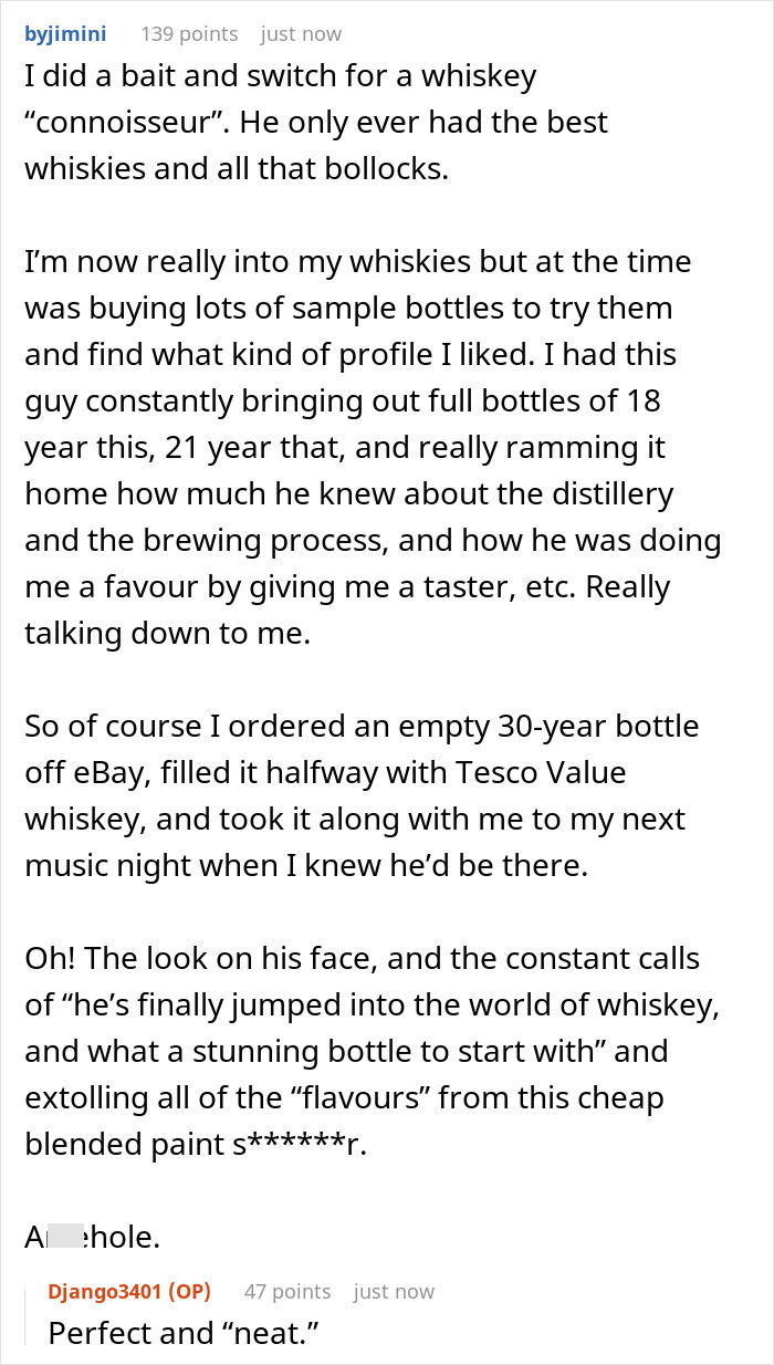 Text post describing a friend insult using a whiskey sample bottle to prank and mock wine connoisseur arrogance.
