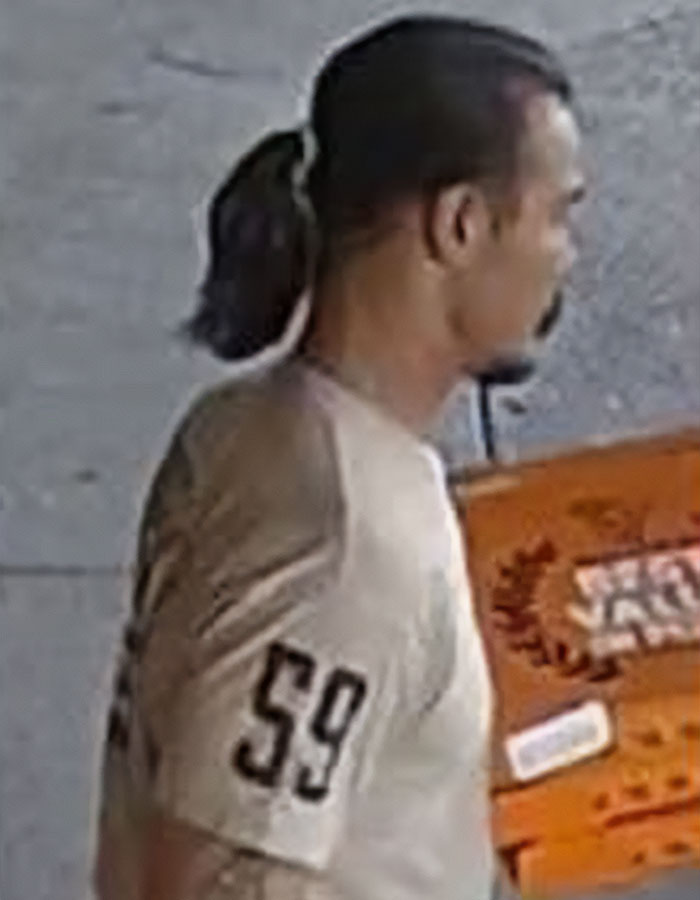 Man with a ponytail wearing a beige shirt with number 59, shown in police photos related to criminal investigation.