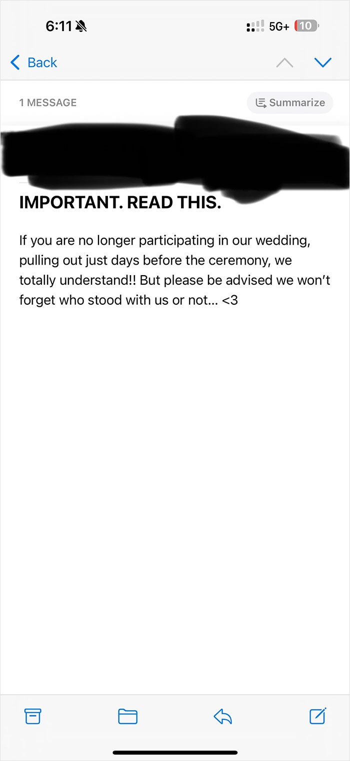 Screenshot of a message addressing last-minute wedding participation and date changed last minute wedding shaming concerns.