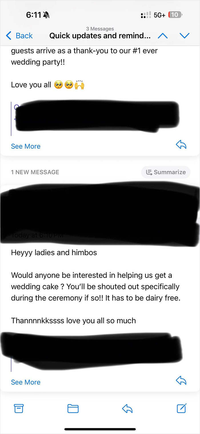 Text message about last-minute wedding details asking for help with a dairy-free wedding cake amid date-changed last-minute wedding shaming.