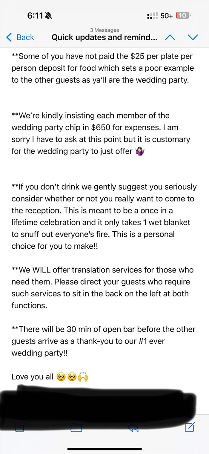 Text message demanding wedding party pay high expenses and setting strict rules, related to date changed last minute wedding shaming.