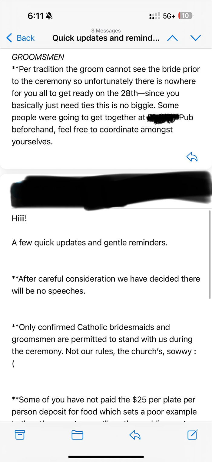 Text message screenshot showing updates and reminders including rules for groomsmen amid date changed last minute wedding shaming discussion.