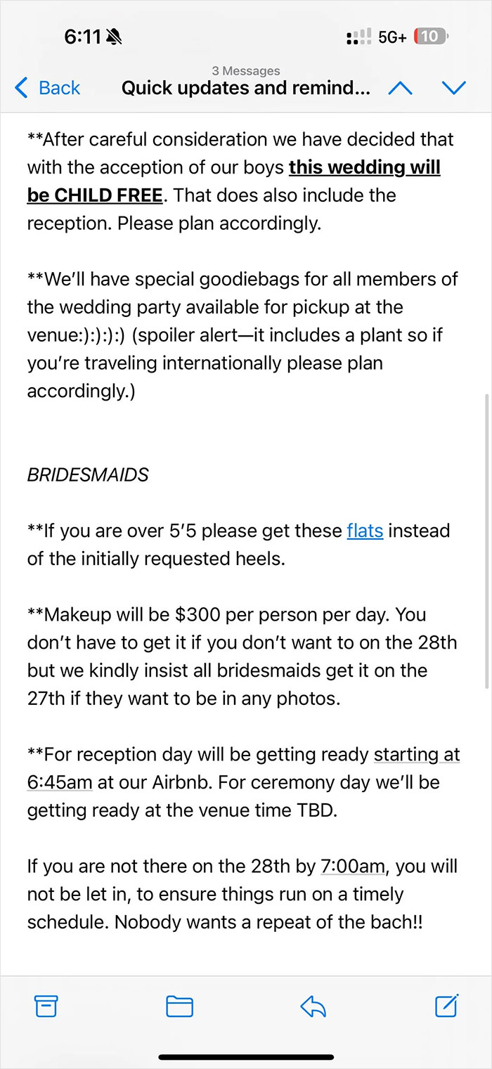 Screenshot of a wedding planning message outlining child-free policy and bridesmaids' instructions for a date changed last minute wedding shaming.
