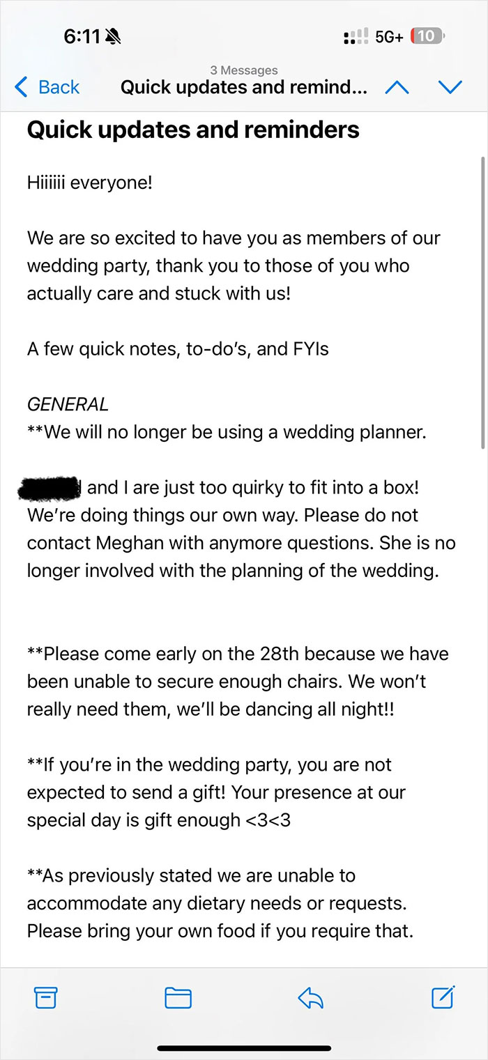 Screenshot of a last-minute wedding update email highlighting changes that may cause date-changed last minute wedding shaming.