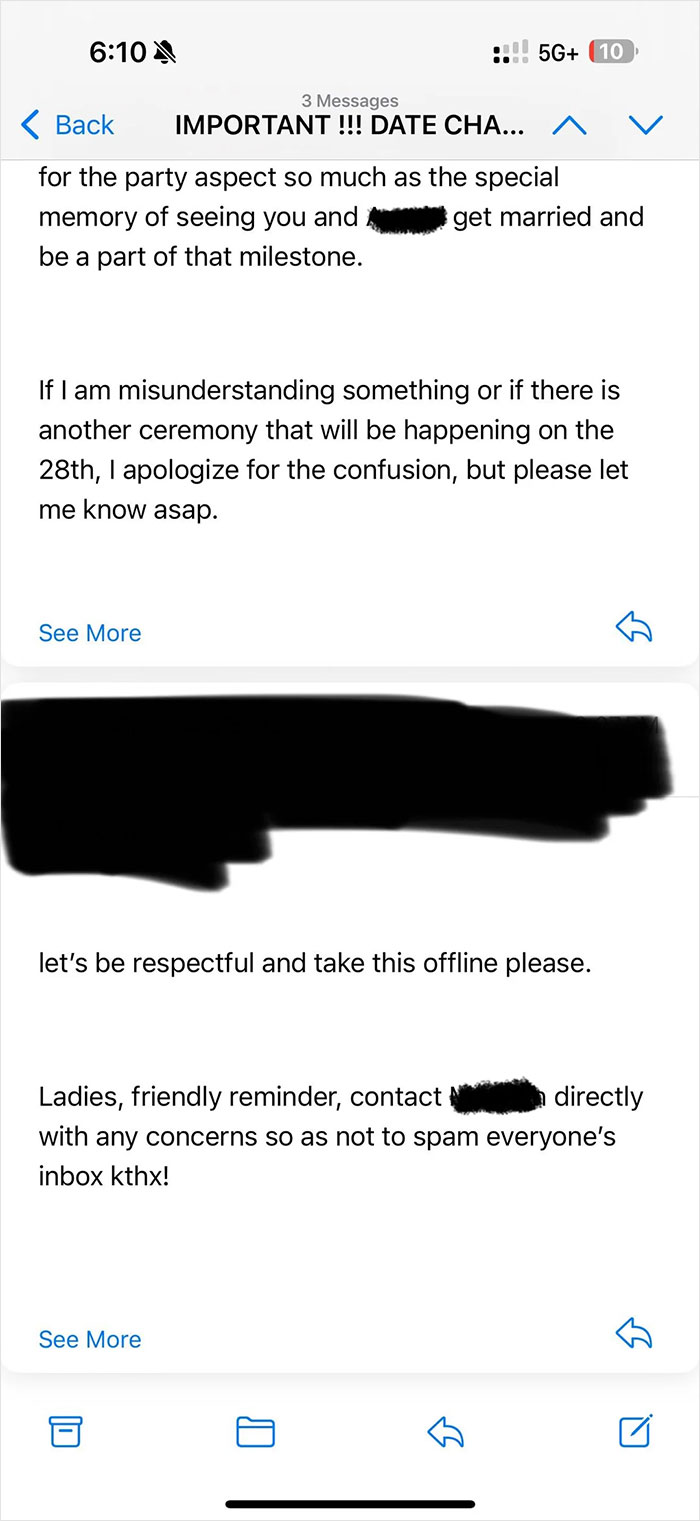 Screenshot of an email conversation showing wedding date change confusion and polite requests during last minute wedding shaming.