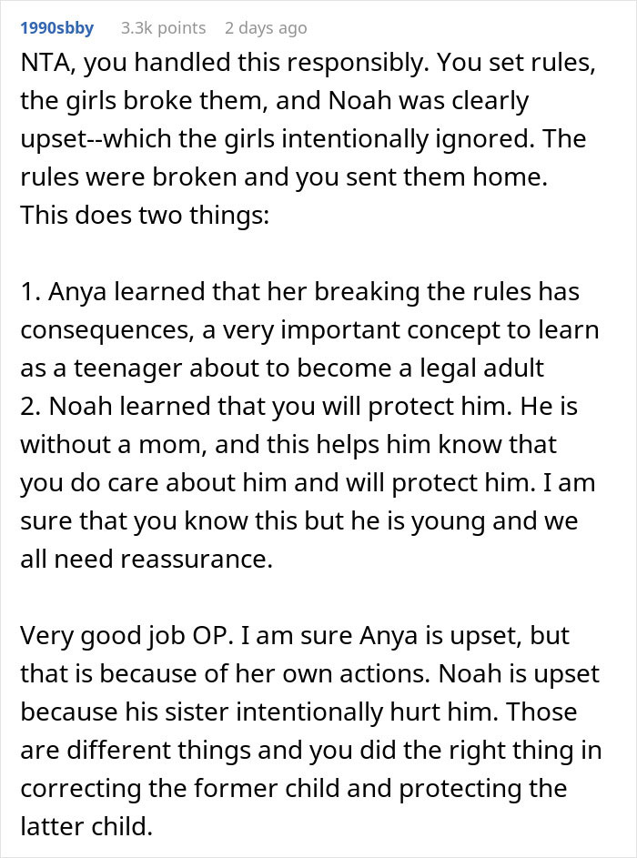 Screenshot of a forum comment supporting enforcing basic boundaries during a daughter's sleepover conflict. Screenshot of a forum comment supporting enforcing basic boundaries during a daughter's sleepover conflict.