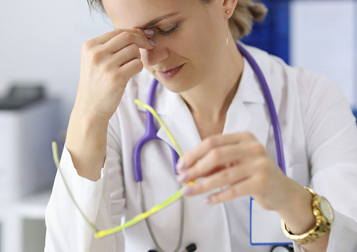 Stressed female doctor in white coat and stethoscope holding glasses, reflecting on delivery room paternity issues.