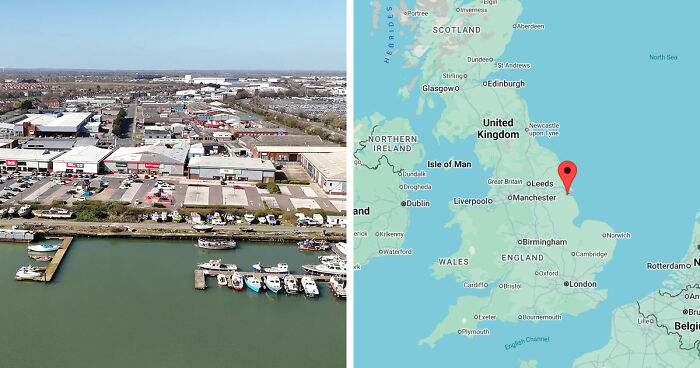 A gloomy European coastal town with boats docked and an accompanying map highlighting a location in the United Kingdom.