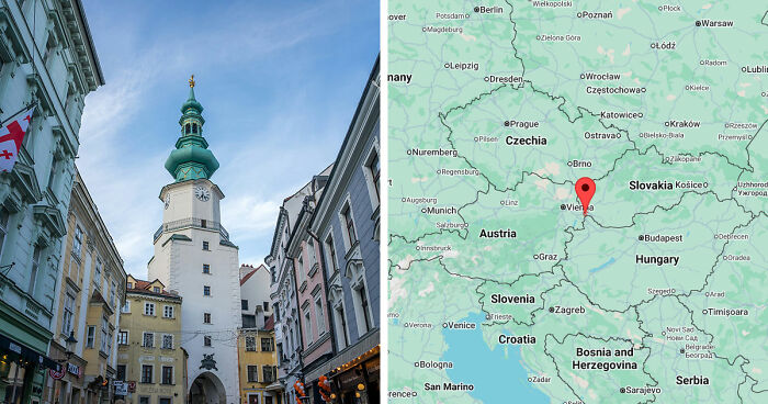 Historic European street with cloudy sky next to a map showing a gloomy European destination in Vienna, Austria.