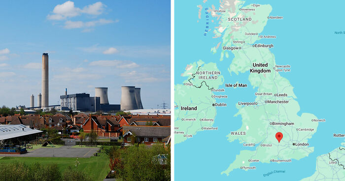 Industrial power plant near residential area in a gloomy European destination with map highlighting location in the UK.