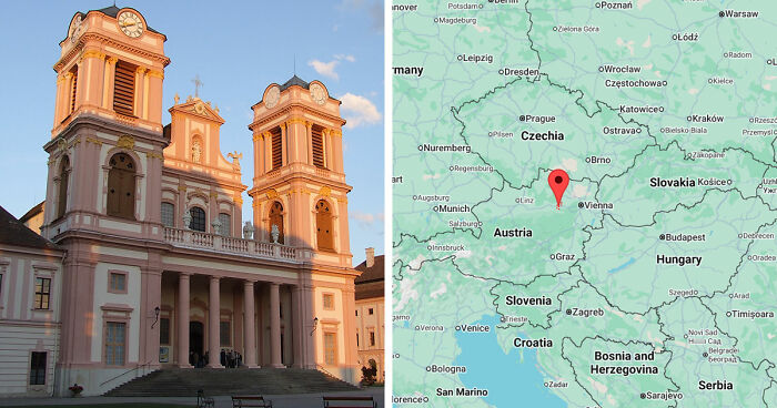 Baroque church in a gloomy European destination with a map showing Austria and surrounding countries.