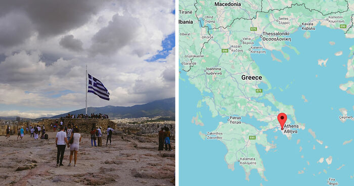 Gloomy European destination Athens, Greece with cloudy sky, tourists near a Greek flag and a map showing its location.