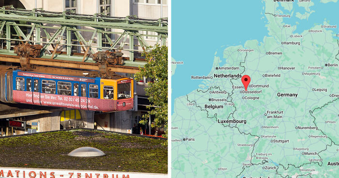 Suspended tram in a gloomy European city with map highlighting destinations in Germany and neighboring countries.