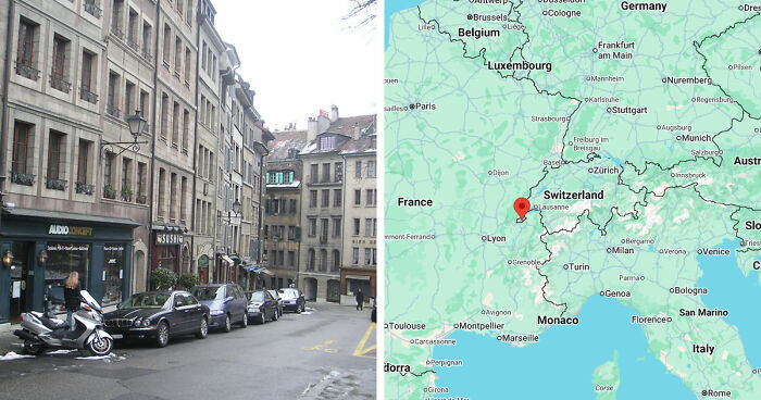 Gloomy European destination street scene with old buildings and parked cars beside map showing central Europe location.