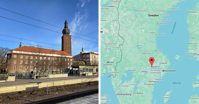 Train station with historic buildings under a blue sky in a gloomy European destination near Västerås, Sweden.