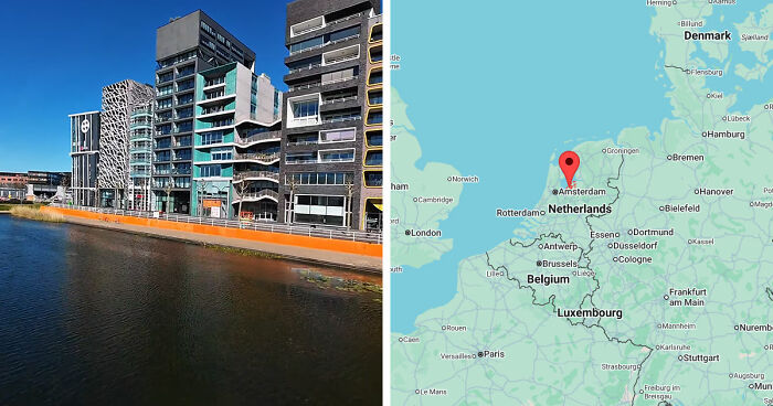 Modern gloomy buildings along a canal in Amsterdam, one of the gloomy European destinations travelers regret leaving home from