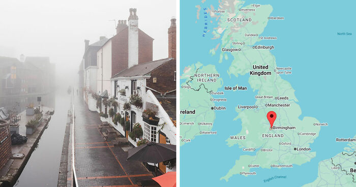Foggy European canal street scene beside a map highlighting a gloomy European destination in England.