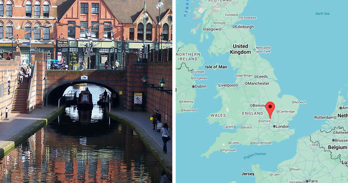 Canal boat passing under a bridge in a gloomy urban European destination with a map showing location in England.