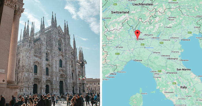 Gloomy European destination Milan cathedral with crowd contrasted with map showing Milan location in Italy.