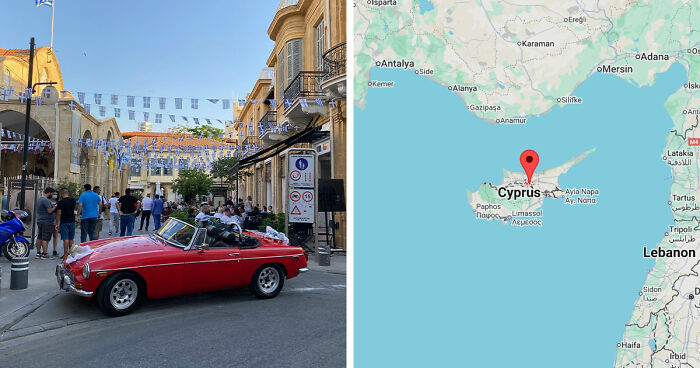Red vintage convertible car parked on a busy European street in Cyprus, a gloomy European destination for travelers.