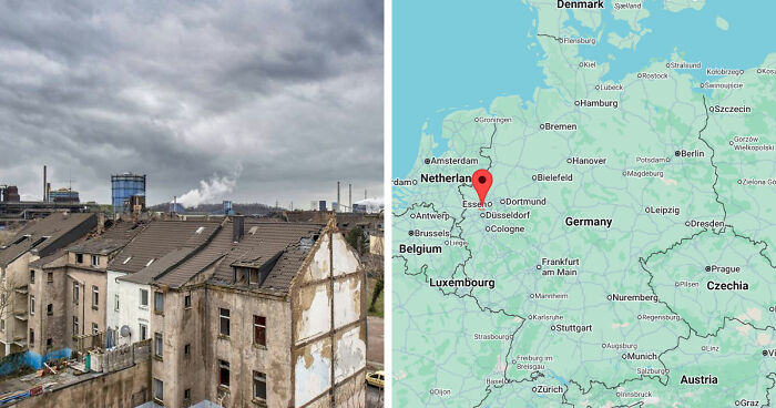Gloomy European destination featuring rundown buildings under cloudy skies and a map marking Essen, Germany.