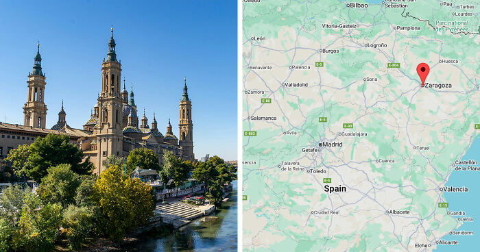 Panoramic view of Zaragoza cathedral by the river alongside a map highlighting this gloomy European destination in Spain.