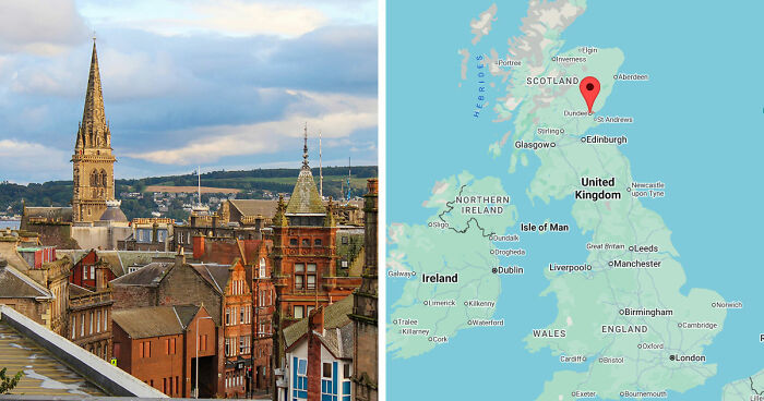 Gloomy European destinations in Scotland with historic architecture and cloudy skies beside a map of the United Kingdom.