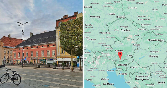 Gloomy European destination with cloudy skies, colorful buildings, and a map highlighting a location in Austria near Slovenia and Croatia.