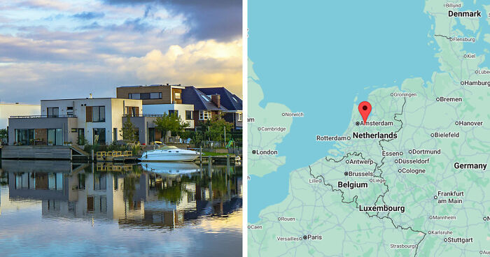 Modern homes reflected in calm water with a map showing Amsterdam, a gloomy European destination in the Netherlands.