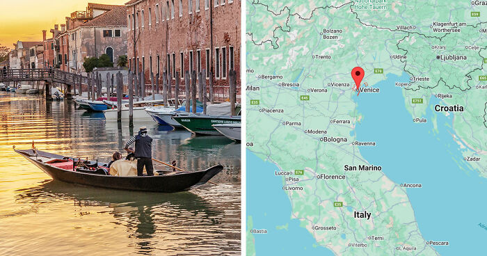 Venice gondola on canal at sunset alongside map showing Venice location, a gloomy European destination.