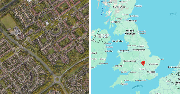 Aerial view of gloomy European suburban neighborhood paired with a map highlighting Oxford, a notable gloomy destination.
