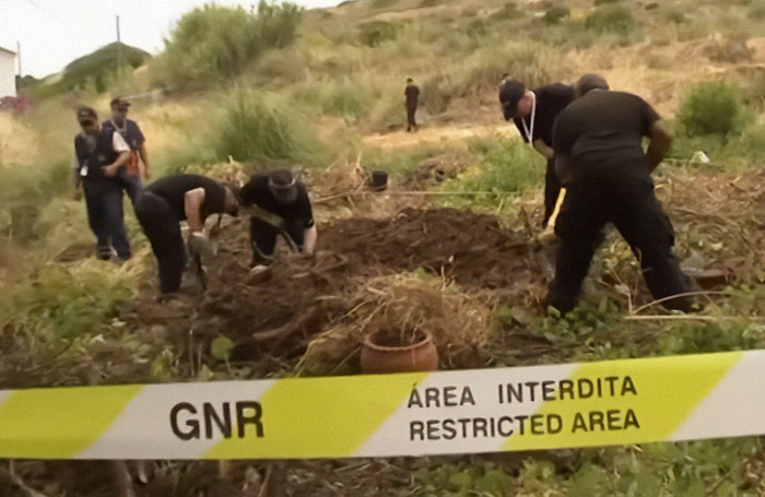 Detectives searching a restricted area uncover bones, clothing, and two buried weapons in Madeleine McCann investigation.