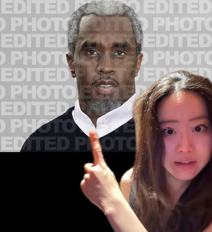 Woman reveals Diddy's aged look in court while pointing at edited photo highlighting his appearance.