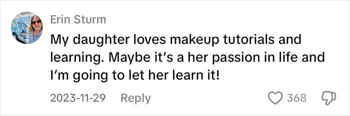 Comment from Erin Sturm discussing her daughter&rsquo;s interest in makeup tutorials amid social media trend concerns on pre-teen girls&rsquo; health.