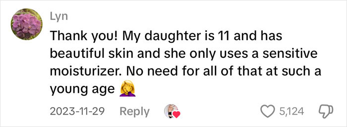 Comment from a parent expressing concern about pre-teen girls&rsquo; health and cautious skincare use amid social media trend risks.