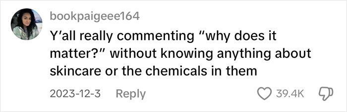 TikTok comment discussing concerns about skincare chemicals amid doctors raising alarms on pre-teen girls&rsquo; health risks.