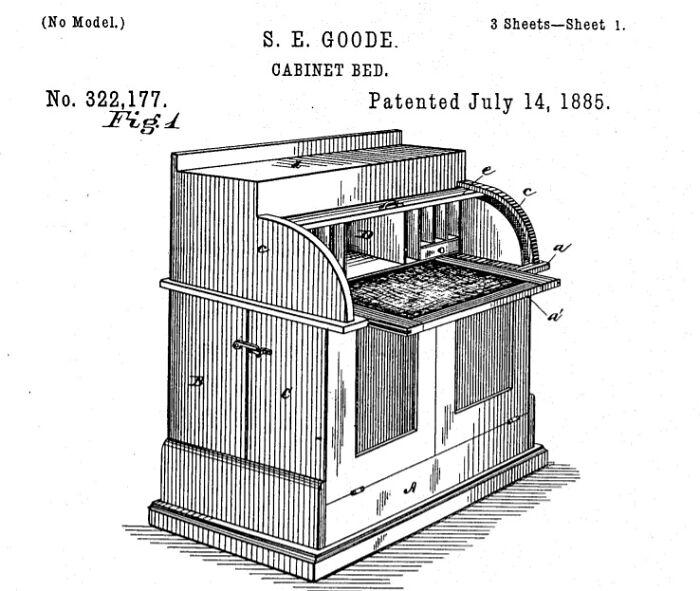 Patent illustration of a cabinet bed invention by S. E. Goode, showcasing historic inventions by people of color.
