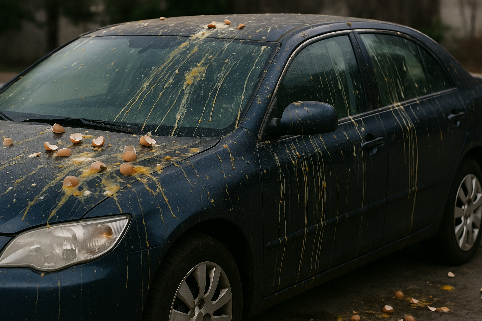 Car covered in egg yolk and broken eggshells, showing the aftermath of egg throwing and washing challenges.